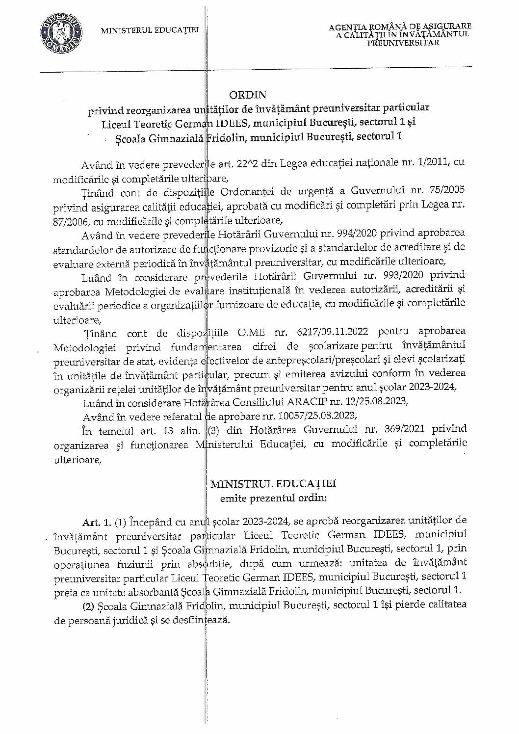 O.M. 5995 30.08.2023 reorganizare Liceul Teoretic German IDEES, mun București, sector 1 și Școala Gimnazială Fridolin, mun. București, sector 1 (1)